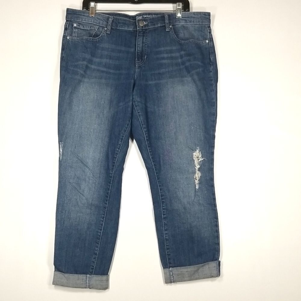Gap Jeans Women 16 Blue Skinny Roll Up 5 Pocket Front Button Zip Distressed